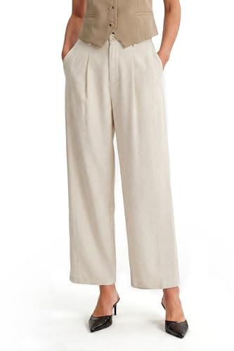 Arach&Cloz Women's Linen Blend Straight Elastic Waist Dress Pants High Waisted Pleated Work Dressy Trousers Wide Leg Pants Woman Business Casual Outfits Cropped Ankle Length 2026 Regular Apricot XXL - Image 1