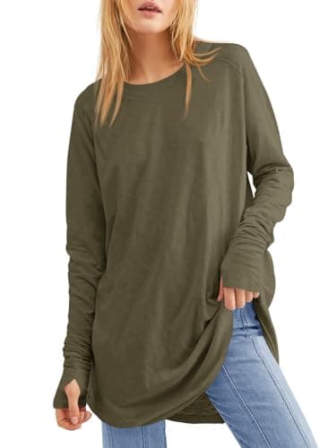 Fisoew Women's Casual Long Sleeve Tops Crew Neck Round Hem Loose T-Shirts Tunic Tops with Thumb Holes Army Green - Image 1