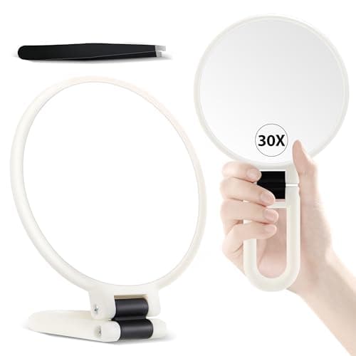 B Beauty Planet 30X Magnifying Mirror, Hand Mirror with Handle, Double Sided Hand Mirror with 30X/1X Magnification, Travel Essential Portable Foldable Makeup Mirror for Precision Makeup White - Image 1