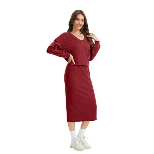 Anyshe Women's 2 Piece Matching Knit Sweater Set, Long Sleeve V-Neck Top with Maxi Skirt, Effortless Style for Vacation - Thumbnail 4
