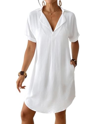 Bsubseach Shirt Swimsuit Coverup for Women Short Sleeve Bathing Suit Cover Up V Neck Beach Dress Summer Outfit Resort Wear White XXL - Image 1