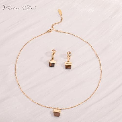Milan Chiva 14K Gold Plated Brown Tigers Eye Stacked Necklace for Women, Dainty Trendy Non Tarnish Pendant Charm Necklaces Fashion Jewelry for Women Waterproof MNS-1005BR - Thumbnail 6
