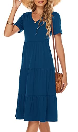 Berydress Summer Dresses for Women 2025 Short Sleeve V-Neck Casual Beach Cotton Tiered Midi Sundress (M, 6175-Deep Blue) - Thumbnail 6