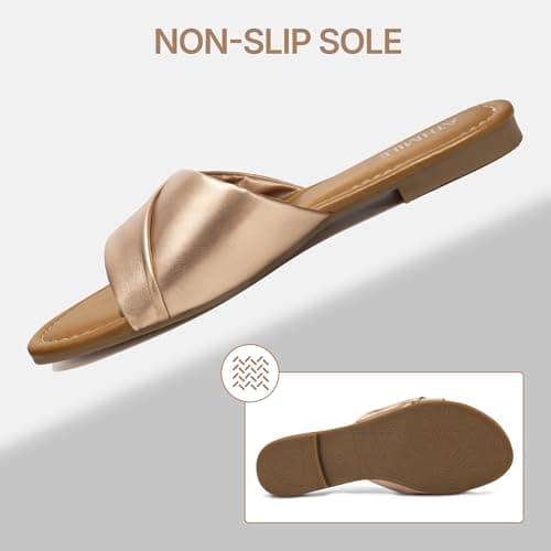 ATHMILE Sandals Women Dressy Summer Flat Comfortable Fashion Beach Cute Ladies Slides Leather Casual Dress Women's Sandals 2025 Gold Size 7 - Thumbnail 6