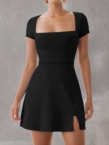 Dokuritu Womens Tennis Dress Short Sleeve Square Neck Golf Dress Sexy Side Slit 2024 Summer Active Exercise Athletic Dresses with Built in Shorts & Bra Black - Thumbnail 6