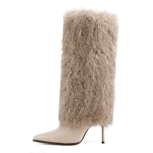 QIV Nude Fur Knee High Boots women Pointed Toe Stiletto Winter Fashion Tall Boot for Women Size 7 - Thumbnail 6