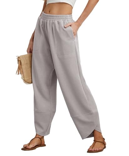 FREEOAK Baggy Boho Pants for Women Casual Work for Ladies Baggy Girl Fall Winter Harem Lounge Wide Leg Relaxed Fit Office Outfits Light Grey - Image 1