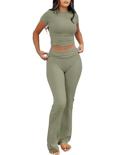 ANRABESS Lounge Sets for Women 2 Piece Foldover Yoga Flare Leggings Pants Crop Tops Casual Y2K Outfits Matching Tracksuit Set Olive Medium - Image 1