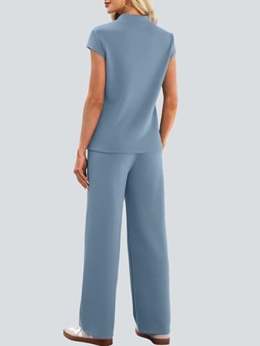 Casly Lamiit 2 Piece Outfits for Women Mock Neck 2 Piece Outfits Cap Sleeve Tops Pant Sets Summer Travel Airport Casual Beach Cruise Outfit Blue Grey XL - Thumbnail 5