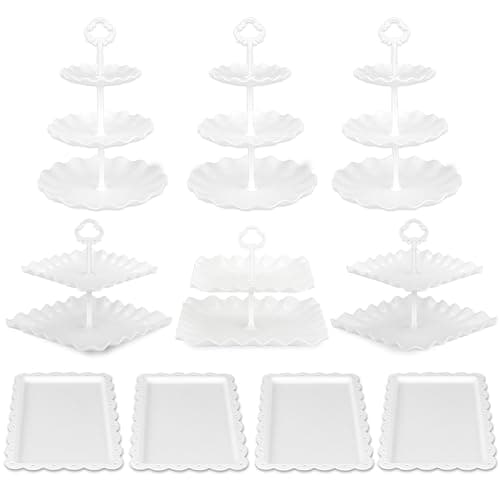 Pack of 11 NWK Cake Stand Set, with 3 x Two-Tier and 3 x Three-Tier Cupcake Stands, 4 x Appetizer Trays, 1 x Tablecloth for Birthday Bridal Baby Shower Party (White) - Thumbnail 6