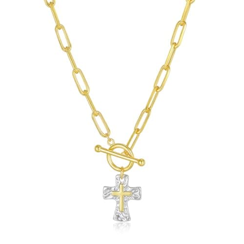 KALOAURA Chunky Cross Necklace for Women, 14K Gold/Silver Plated Statement Paperclip Chain Double Cross Pendant Necklaces Non Tarnish for Faith Religious Christian Jewelry Gifts, Silver - Image 1