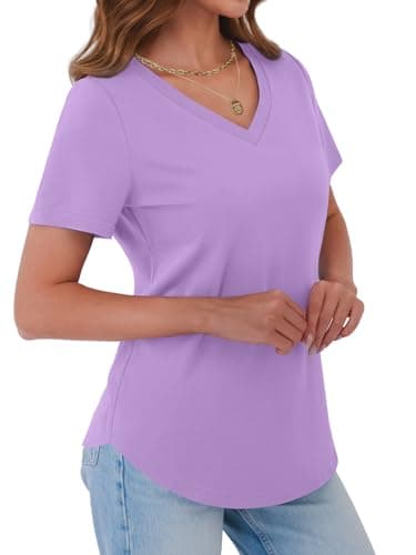 GKBK Women Cotton Shirts V Neck Loose Fit T Shirts Short Sleeve Summer Curved Hem Plain Tee Top Purple M - Thumbnail 3