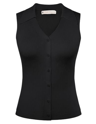 Belle Poque Women's Button Down Tank Tops Summer Ribbed Vest Top Sleeveless V Neck Collared Vest Shirt Slim Fit Going Out Tops Black,XL - Image 1