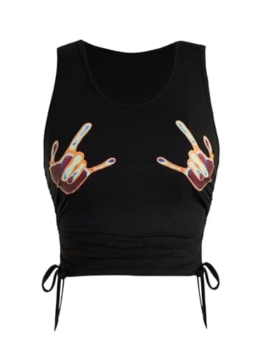 SHENHE Women's Summer Ruched Sleeveless Hands Print Crewneck Drawstring Tank Crop Tops Black A X-Small - Image 1