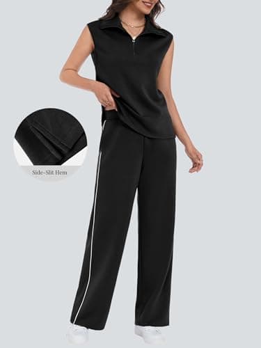Casly Lamiit 2 Piece Sets for Women Summer Travel Outfits V Neck Half Zip Lapel Tank Top Striped Wide Leg Pants Matching Sets Sweatsuits Black 2XL - Thumbnail 3