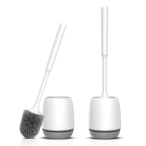 EZKEY Toilet Brush, 2 Pack Toilet Bowl Brush and Holder Set Ergonomic Long Handle Toilet Scrubber with Ventilated Base for Quick Drying, for Bathroom Cleaning, White & Gray