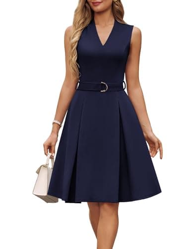 GRACE KARIN Women's Wear to Work Dresses 2026 Business Office Fit and Flare Midi Dress Church Outfits with Pockets Navy Blue L - Image 1