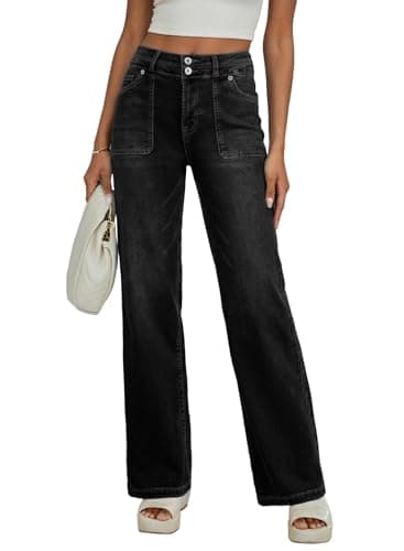 EVALESS Women's Jeans High Waisted Straight Leg Stretchy Jeans Trendy 2025 Casual Loose Wide Leg Zimbaplatinum Denim Pants Trousers with Pockets Black Size 18 - Image 1