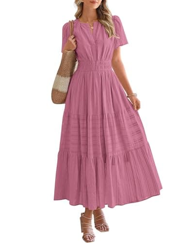 BTFBM Womens Summer 2026 Casual Midi Maxi Dresses Lightweight Short Sleeve V Neck Elastic Waist Boho Beach Dress Pockets(Dusty Pink, Medium) - Image 1