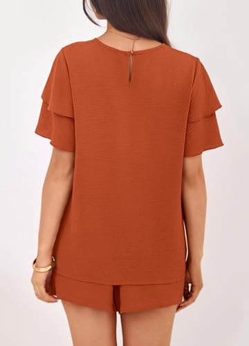 KIRUNDO Two Piece Sets For Women Summer Casual Loose Ruffle Short Sleeve Matching Shorts Sets Beach Vacation Cruise Outfits(Brown Orange, Medium) - Thumbnail 2