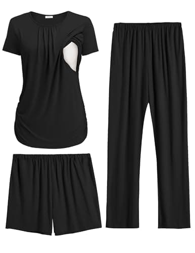 Ekouaer Nursing Pajamas Maternity Lounge Set Postpartum Outfits Breastfeeding Shirts Pregnancy Shorts & Pants Black L - Image 1