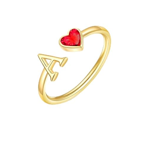 Easter Basket Stuffers-Initial Rings for Women Teen 14K Gold Plated Birthstone Rings Stackable Dainty Letter Rings Christmas Birthday Birthstone Jewelry Gifts for Mother Daughter,Adjustable Size - Image 1