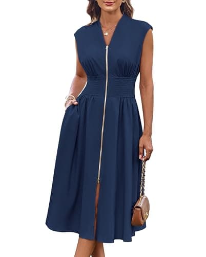 GRACE KARIN Sleeveless Dress for Women V Neck Cap Sleeve Smocked High Waist Flowy Work Dress with Zipper Navy Blue M - Image 1