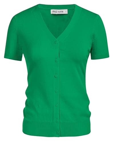 GRACE KARIN Summer Cardigan 2026 Knit Button Down Sweater Casual V Neck Short Sleeve Jacket Dressy (Green,L) - Thumbnail 6