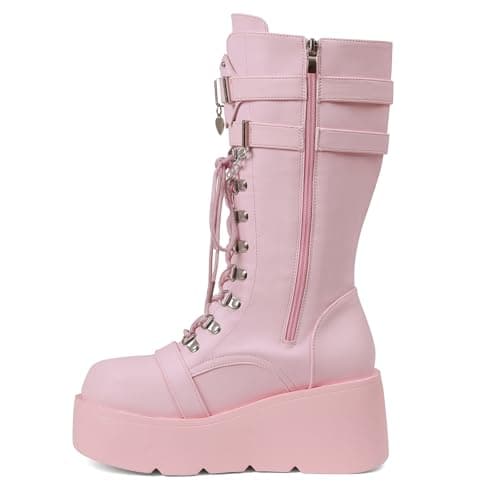 Yremael Women's Pink Platform Boots Wedge Combat Gothic Chunky Heel Lace Up Mid Calf Punk Motorcycle Shoes - Thumbnail 6