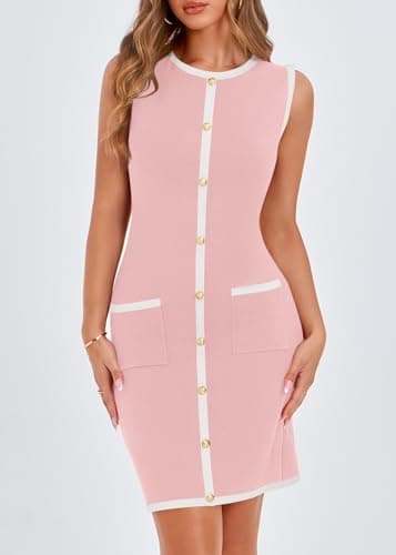 KIRUNDO Women Work Business Casual Dress 2026 Summer Fall Cocktail Semi Formal Office Elegant Classy Knit Color Block Dresses(Pink, X-Large) - Thumbnail 5