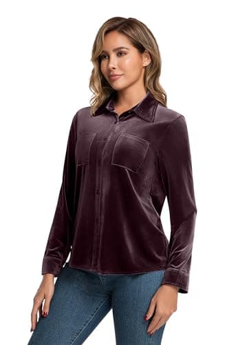 peassa Plus Size Velvet Tops for Women Vintage Casual Long Sleeve Button Down Shirts for Pockets Purple Gray - Thumbnail 2