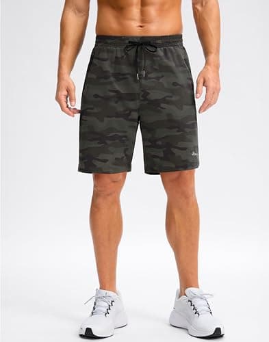 Pudolla Mens Shorts 5"/9" Gym Shorts with Zipper Pockets Lightweight Quick Dry Running Shorts for Men(Grey Sage Camo L9_S) - Thumbnail 2