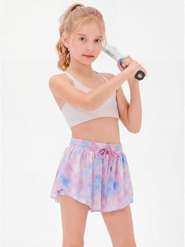 Stelle Girls Flowy Shorts with Pockets Athletic Running High Waist Butterfly 2 in 1 Shorts (Tie Dye Marshmallow,M) - Image 1
