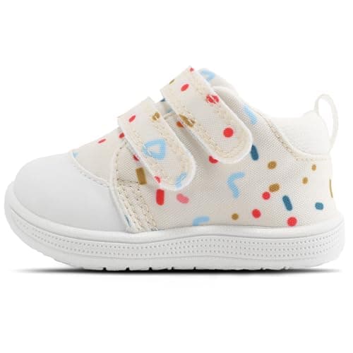 STQ KIDS Baby Girls Walking Shoes Wide Toe Box Toddler Barefoot Tennis Shoe Cute Infant Babies Sneaker Soft First Walker Non-Slip Mid Top Ankle Support Beige White 6-9 Months Infant Size 3 US - Image 1