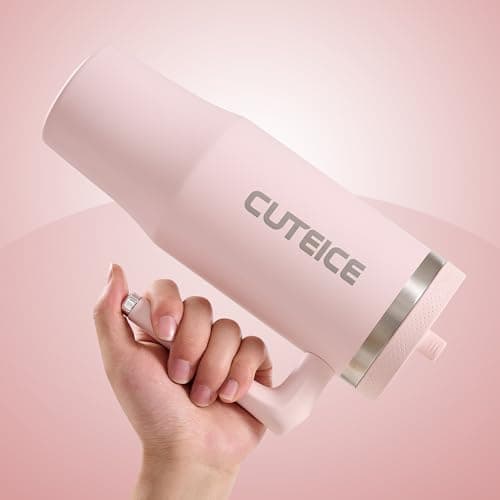Cuteice 30 oz Pink Insulated Coffee Tumbler with Handle and Flip Straw 100% Leakproof Stainless Steel Iced Travel Coffee Cup with Lid Vacuum Cold Beverages Water Bottle Car Office Gifts for Women Men
