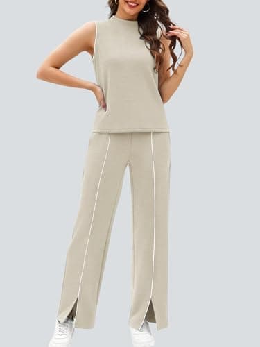 Casly Lamiit 2 Piece Outfits for Women Casual Summer Set Sleeveless Top Sweatpants Matching Sweatsuits Airport Beach Vacation Lounge Set Dark Beige M - Thumbnail 2