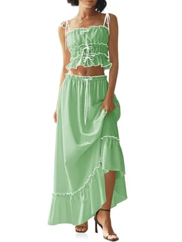 Wenrine Women's Summer 2 Piece Skirt Sets Casual Spaghetti Straps Cropped Cami Ruffle Maxi Skirt Flowy Beach Outfit - Image 1