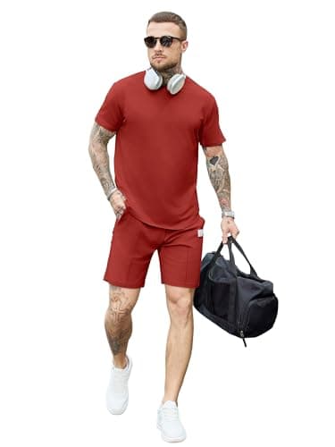 JEMLDL Lounge Sets for Men 2 Piece Summer Casual Outfits Short Sleeve Shirt & Shorts Matching Set Sweat Suit Vacation Clothing Red M - Thumbnail 3
