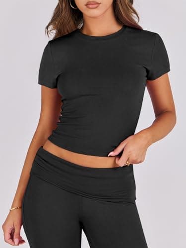 ANRABESS Lounge Sets for Women 2 Piece Foldover Yoga Flare Leggings Pants Crop Tops Casual Y2K Outfits Matching Tracksuit Set Black Medium - Thumbnail 5