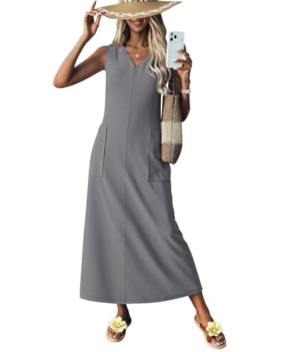 MISFAY Women Summer Maxi Dress 2026 Sundress Wrinkle-Free Casual Beach Long Dress Sleeveless V Neck Vacation Maxi Dresses with Pockets Dark Gray - Thumbnail 4