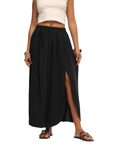 HiMONE Elegant Long Skirt for Women Boho Maxi Skirt with Elastic Waist Side Slit for Church Office Spring Wear - Image 1