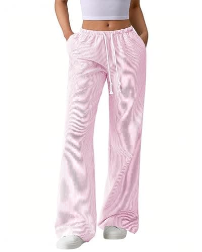 BTFBM Striped Wide Leg Pants for Women Spring Summer 2026 Drawstring Lounge PJ Beach Bottoms Casual Trousers Pockets(Light Pink, X-Small) - Image 1