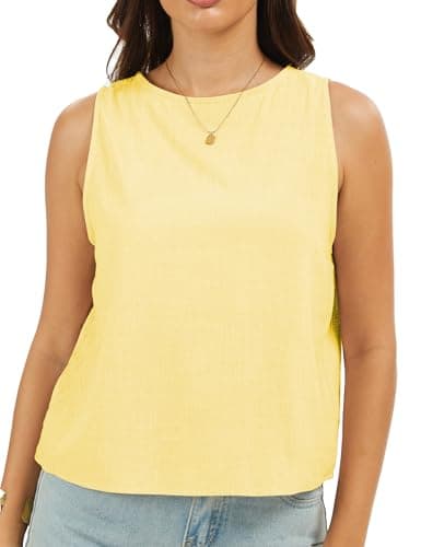 DAOAO Linen Top Tank Tops for Women Cute Summer Sleeveless Cotton Shirts Yellow XL - Thumbnail 2