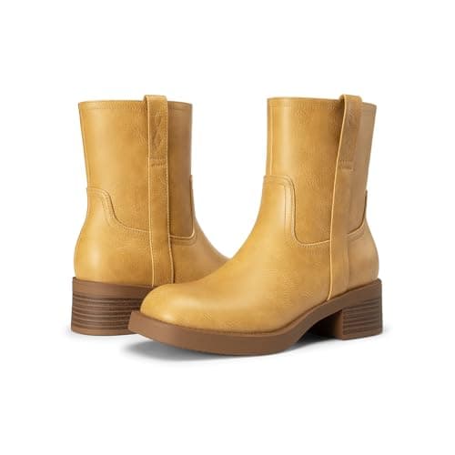 Athlefit Ankle Boots for Women Low Heel Square Toe Chunky Block Heel Fashion Short Banana Boots with Side Zipper Yellow Size 8.5 - Thumbnail 5