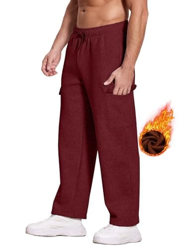 Deyeek Mens Jogger Sweatpants Open Bottom Cargo Sweatpants for Men Loose Fleece Lined Sweat Pants Thick Cotton Maroon Sweats - Thumbnail 4