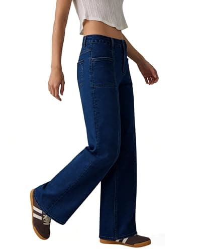 Flvsun Women's High Waisted Wide Leg Jeans Strechy Straight Leg Baggy Jeans Denim Pants Trendy 2026 Dark Blue L - Thumbnail 4