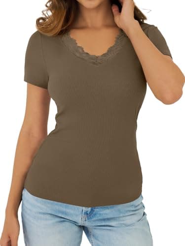 GKBK V Neck T Shirts for Women Lace Tops Going Out Casual Ribbed Tight Fitted Shirts Basic Tee Shirt 2026 Spring Clothes Summer Fashion Outfits Trendy Brown - Thumbnail 2