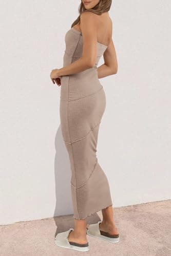 PRETTYGARDEN Women's Sexy Bodycon Dress Summer Strapless Tube Cocktail Party Mermaid Maxi Dresses (Khaki,Medium) - Thumbnail 4