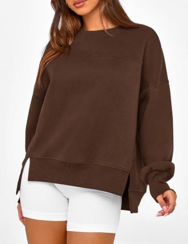 BTFBM Women's Casual Crewneck Sweatshirts 2026 Spring Long Sleeve Side Slit Workout Fleece Pullover Top Fall Fashion Clothing(Coffee, Small) - Thumbnail 4