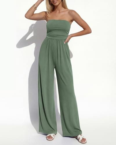 BTFBM Jumpsuits For Women Summer 2026 Beach Vacation Strapless Tube Top Jumpsuit Ruched Casual Wide Leg Pant Rompers(Sage Green, Medium) - Thumbnail 5